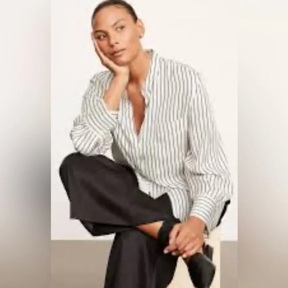 Vince. Silkblend stripe hidden front placket long sleeve standup collar blouse - Picture 9 of 10